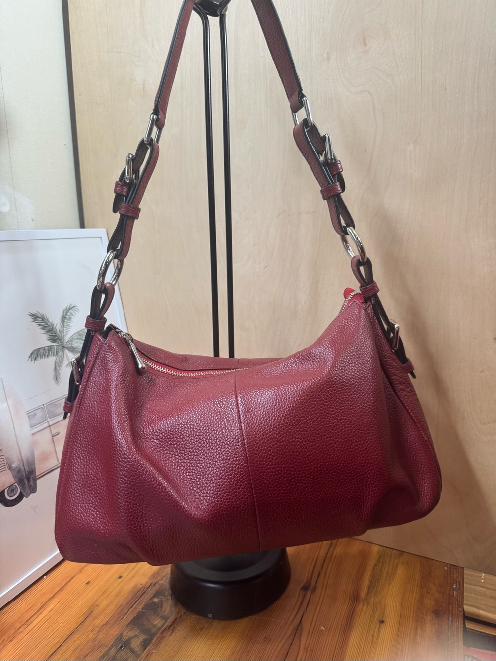 FZONE leather shoulder bag Women's Pebbled Leather Shoulder Bag in Burgundy
